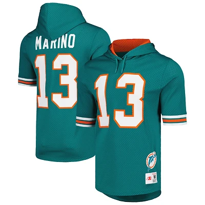 Men's Mitchell & Ness Dan Marino Aqua Miami Dolphins Retired Player Name & Number Mesh Hoodie T-Shirt