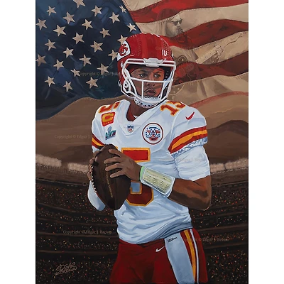 Patrick Mahomes Kansas City Chiefs Deacon Jones Foundation MVP "American Anthem" 24" x 32" Fine Art Print by Edgar Brown
