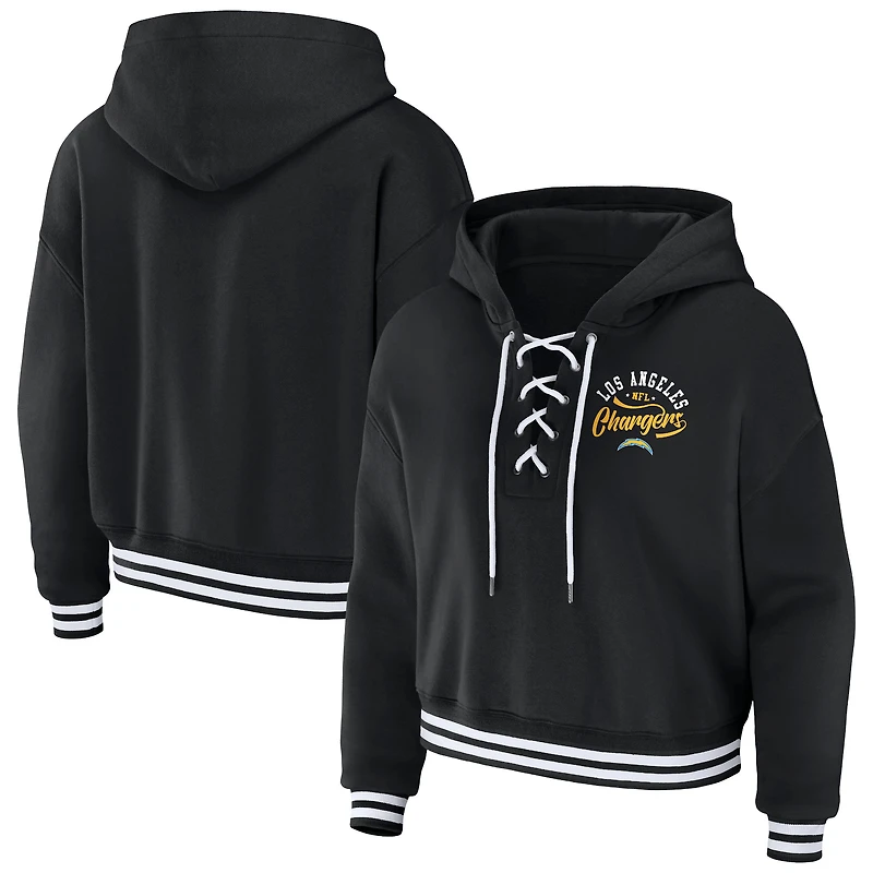 Women's WEAR by Erin Andrews Black Los Angeles Chargers Lace-Up Pullover Hoodie