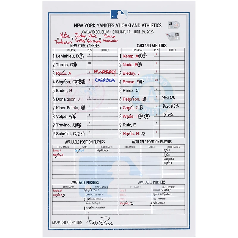 New York Yankees Game-Used Lineup Card vs. Athletics on June 29, 2023