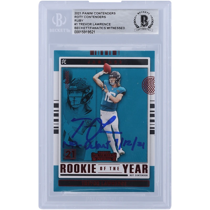 Trevor Lawrence Jacksonville Jaguars Autographed 2021 Panini Contenders ROY Contenders Ruby #ROY-TLR Beckett Fanatics Witnessed Authenticated Rookie Card with "NFL Debut 9/12/21" Inscription