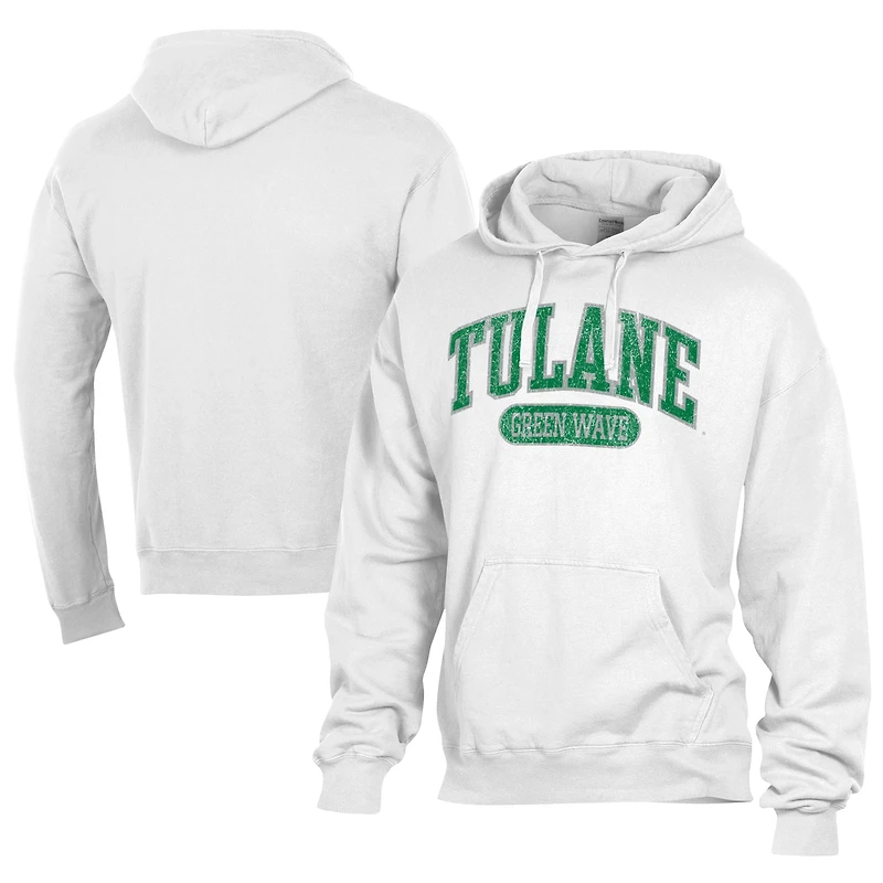 Men's Comfort Wash  White Tulane Green Wave Lightweight Fleece Pullover Hoodie