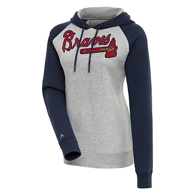 Women's Antigua  Heather Gray/Navy Atlanta Braves Victory Raglan Sleeve Pullover Hoodie