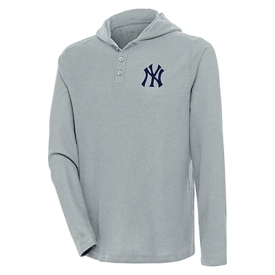 Men's Antigua  Gray New York Yankees Strong Hold Long Sleeve Henley Hoodie T-Shirt
