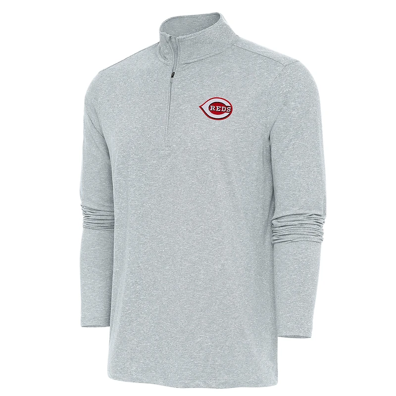 Men's Antigua Heather Gray Cincinnati Reds Hunk Quarter-Zip Pullover Top
