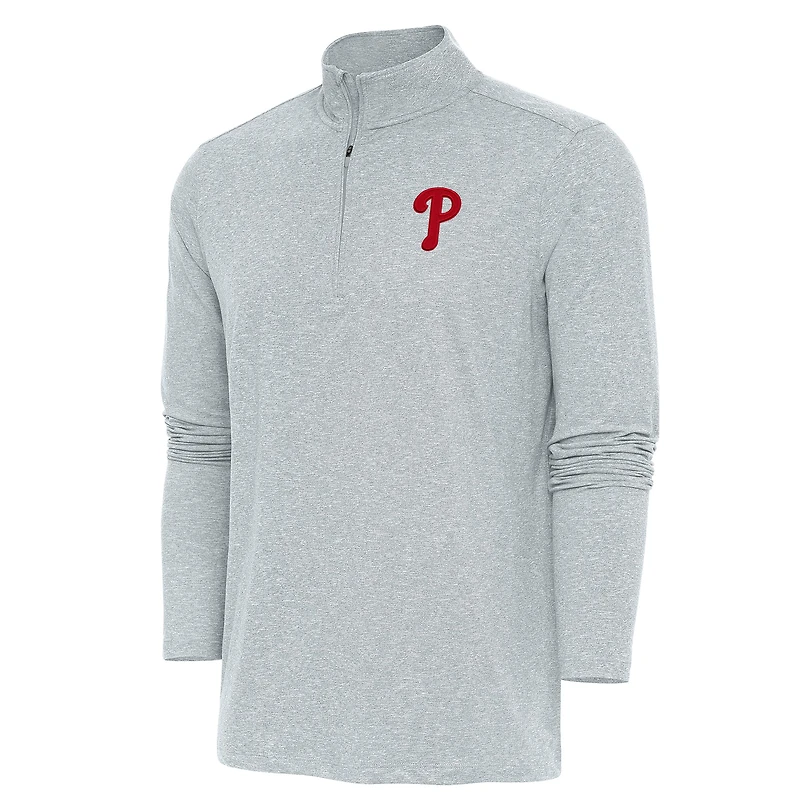 Men's Antigua  Heather Gray Philadelphia Phillies Hunk Quarter-Zip Pullover Top