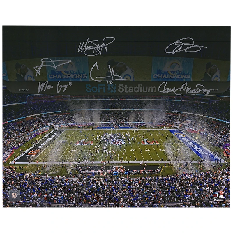 Limited Edition of 156: Los Angeles Rams Autographed Super Bowl LVI Champions Photo with 6 Signatures including Matt Stafford, Odell Beckham Jr. & Aaron Donald