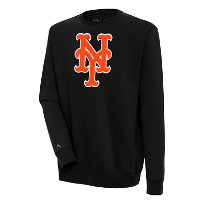 Men's Antigua Black New York Mets Victory Crewneck Chenille Pullover Sweatshirt