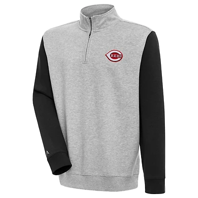 Men's Antigua  Heather Gray/Black Cincinnati Reds Victory Colorblock Quarter-Zip Pullover Top