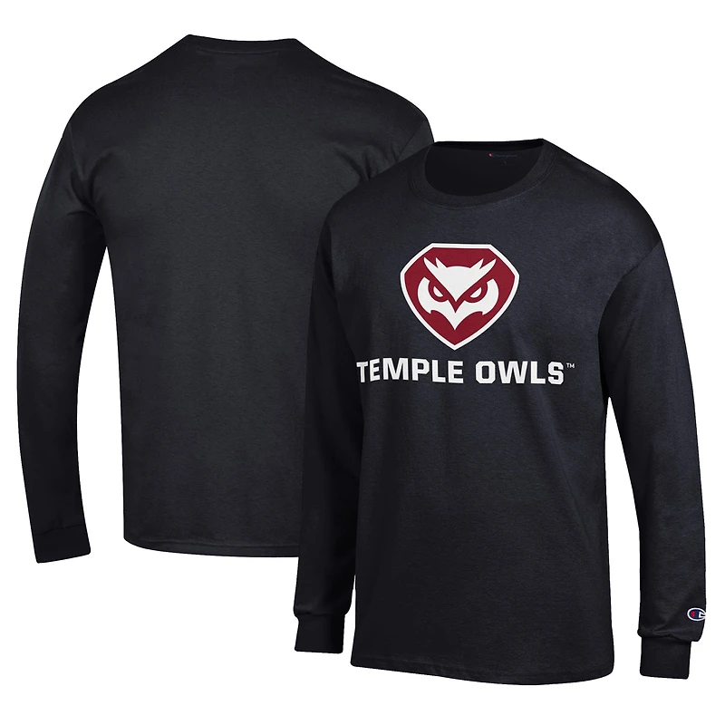 Men's Champion Black Temple Owls Long Sleeve Jersey T-Shirt