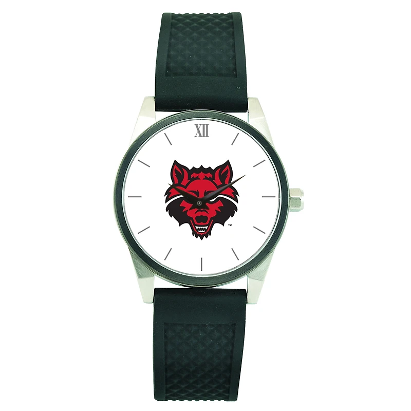 Men's Silver Arkansas State Red Wolves Black Silicone Strap Wristwatch