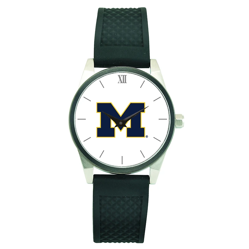 Men's Silver Michigan Wolverines Black Silicone Strap Wristwatch