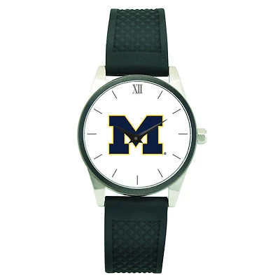 Men's Silver Michigan Wolverines Black Silicone Strap Wristwatch