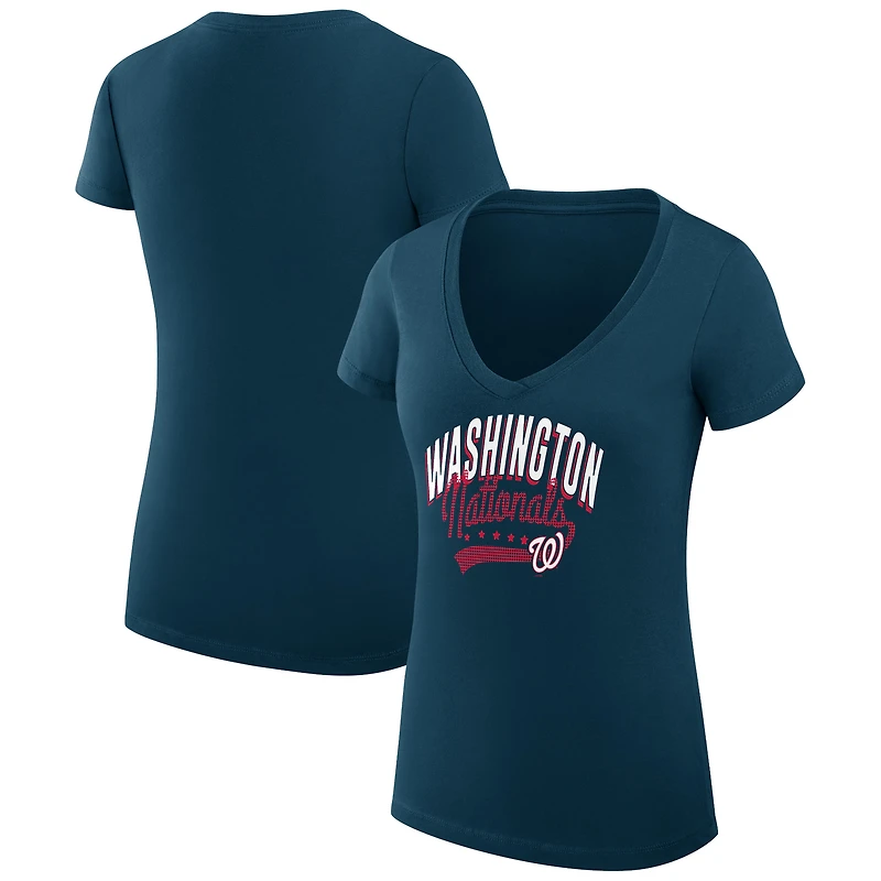 Women's G-III 4Her by Carl Banks Navy Washington Nationals Super-Slim Fit Lightweight Filigree Team V-Neck T-Shirt