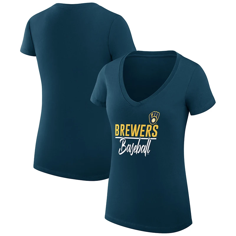 Women's G-III 4Her by Carl Banks Navy Milwaukee Brewers Super-Slim Fit Lightweight Team Graphic V-Neck T-Shirt