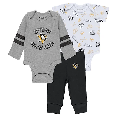 Newborn & Infant WEAR by Erin Andrews Gray/White/Black Pittsburgh Penguins Three-Piece Turn Me Around Bodysuit & Pants Set