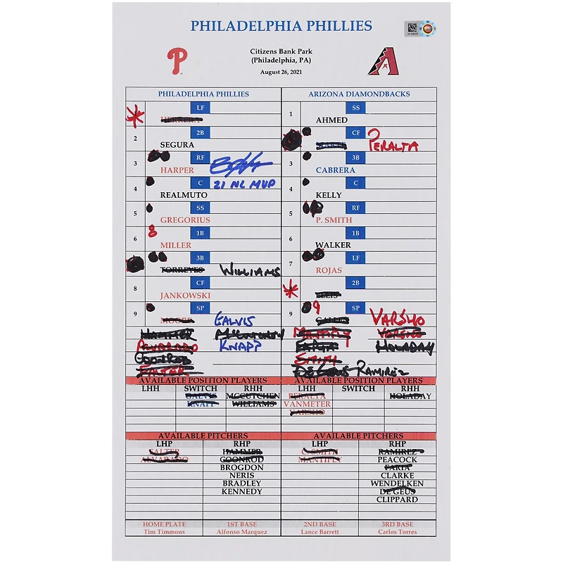 Authentic Game-Used: Bryce Harper Philadelphia Phillies Autographed 2021 MLB Season Lineup Card with Inscription