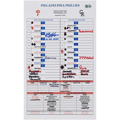 Bryce Harper Philadelphia Phillies Autographed Game-Used Lineup Card vs. Colorado Rockies on September 9, 2021 with "21 NL MVP" Inscription