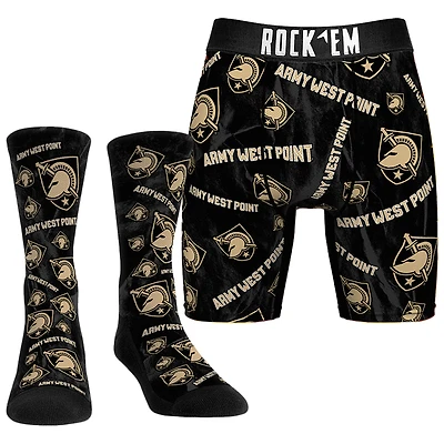 Men's Rock Em Socks Army Black Knights All-Over Underwear and Crew Socks Combo Pack