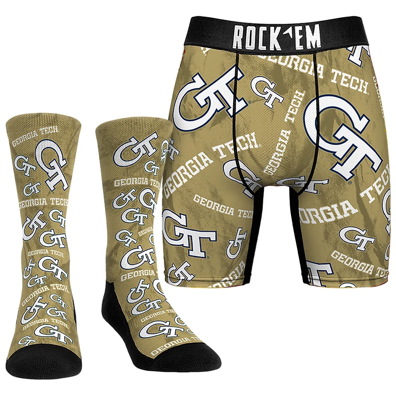 Men's Rock Em Socks  Georgia Tech Yellow Jackets All-Over Underwear and Crew Socks Combo Pack