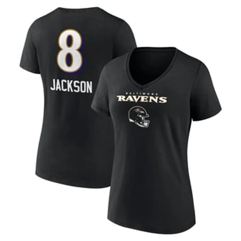 Women's Lamar Jackson Baltimore Ravens Black Team Wordmark Name & Number V-Neck T-Shirt