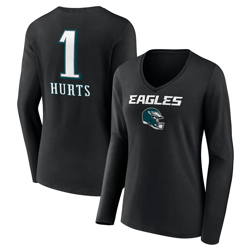 Women's Jalen Hurts Philadelphia Eagles Black Team Wordmark Long Sleeve V-Neck T-Shirt