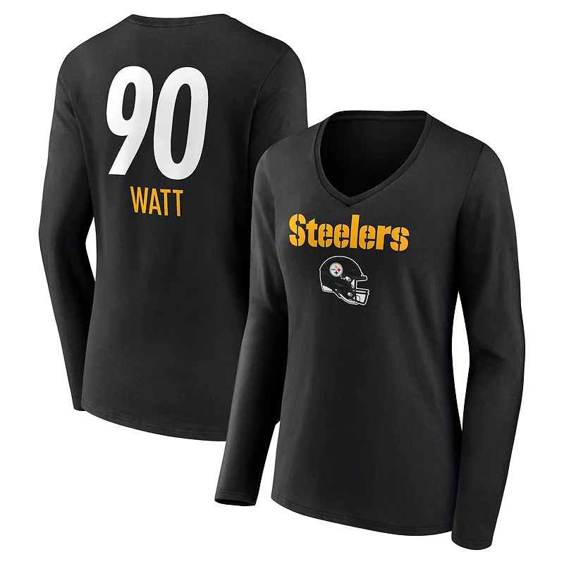 Women's T.J. Watt Pittsburgh Steelers Black Team Wordmark Long Sleeve V-Neck T-Shirt