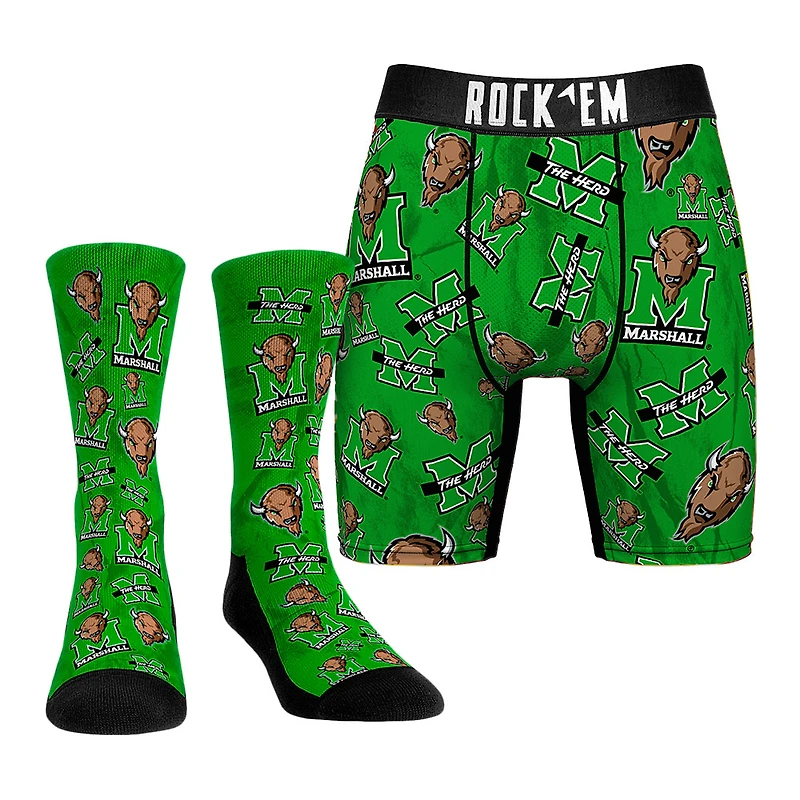 Men's Rock Em Socks Marshall Thundering Herd All-Over Underwear and Crew Socks Combo Pack