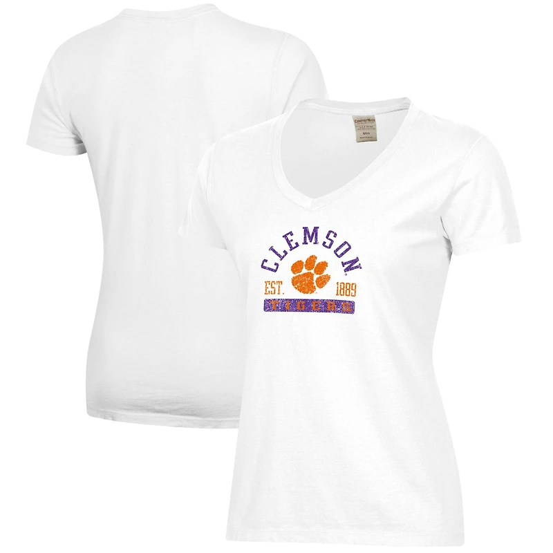 Women's White Clemson Tigers Arch Logo Comfort Wash V-Neck T-Shirt