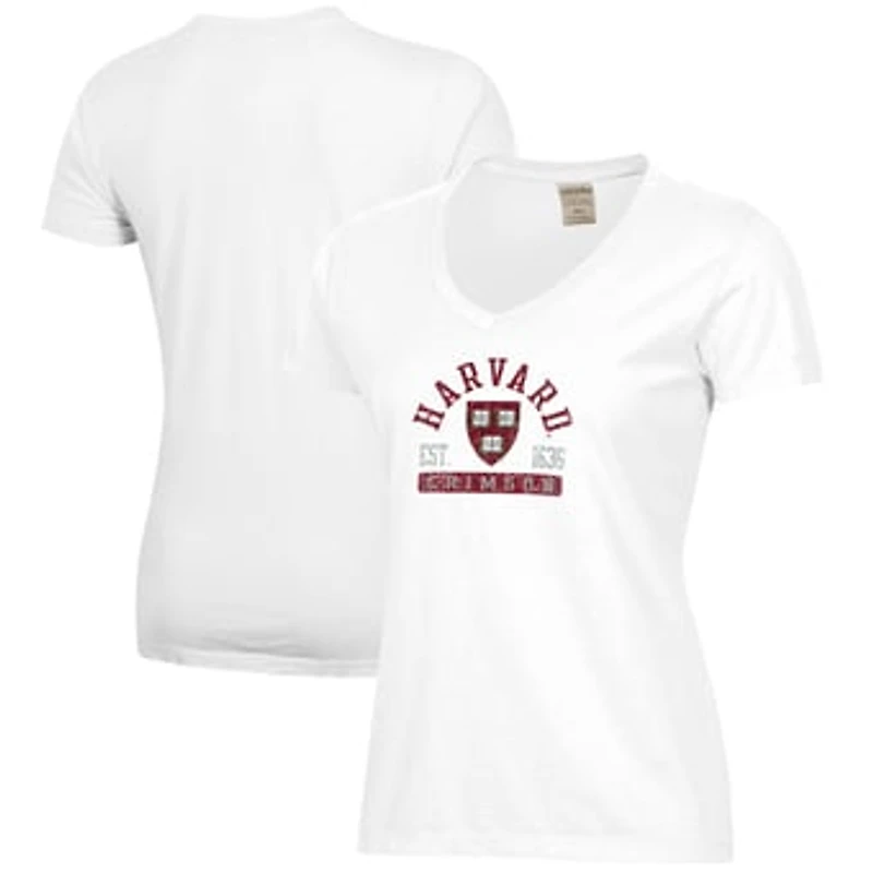 Women's White Harvard Crimson Arch Logo Comfort Wash V-Neck T-Shirt
