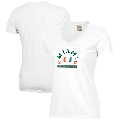 Women's White Miami Hurricanes Arch Logo Comfort Wash V-Neck T-Shirt