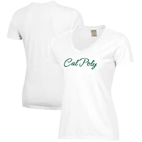 Women's  White Cal Poly Mustangs Script Logo Comfort Wash V-Neck T-Shirt
