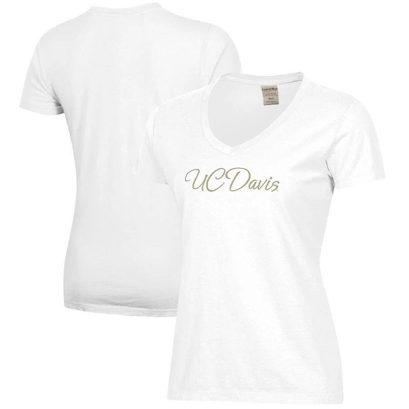 Women's White UC Davis Aggies Script Logo Comfort Wash V-Neck T-Shirt