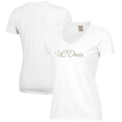 Women's  White UC Davis Aggies Script Logo Comfort Wash V-Neck T-Shirt