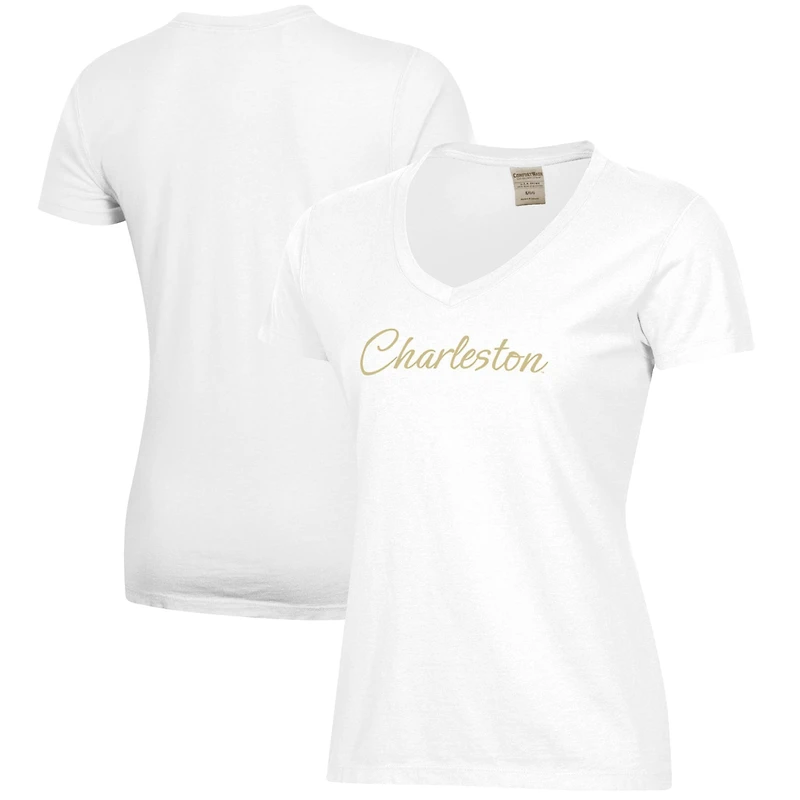 Women's White Charleston Cougars Script Logo Comfort Wash V-Neck T-Shirt