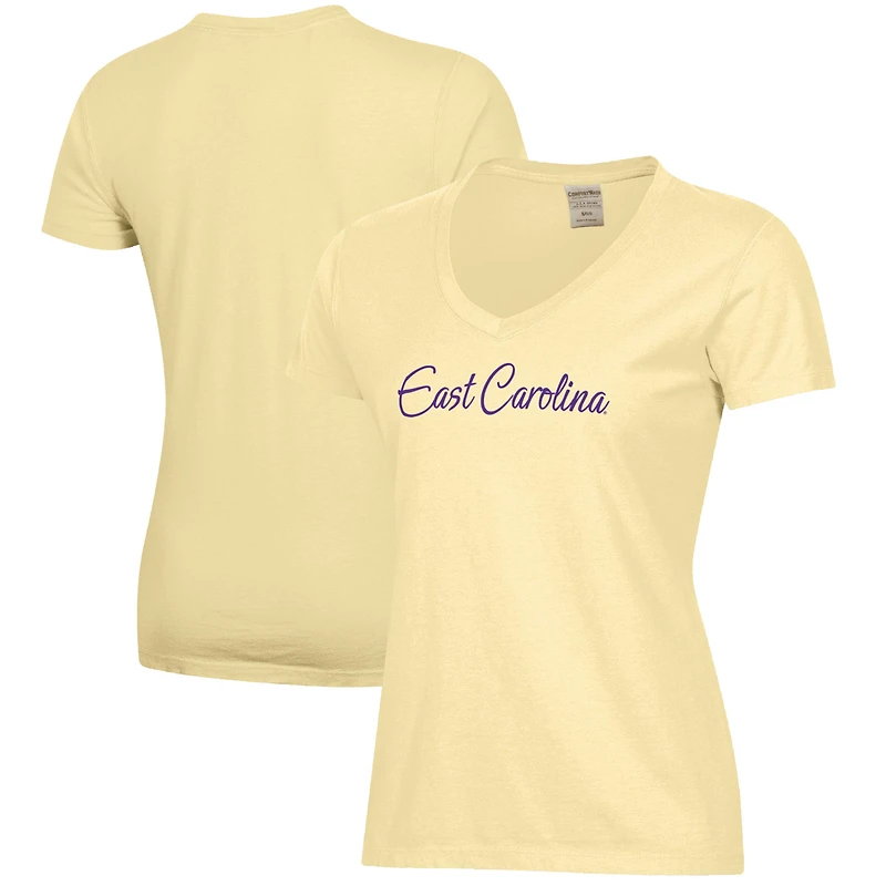 Women's Gold ECU Pirates Script Logo Comfort Wash V-Neck T-Shirt