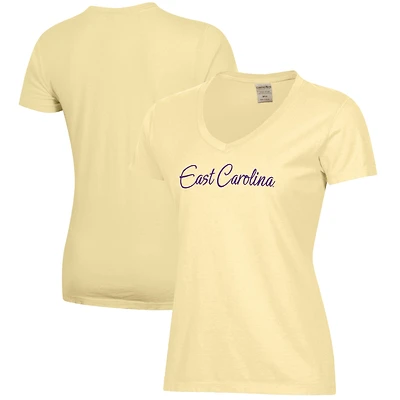 Women's Gold ECU Pirates Script Logo Comfort Wash V-Neck T-Shirt