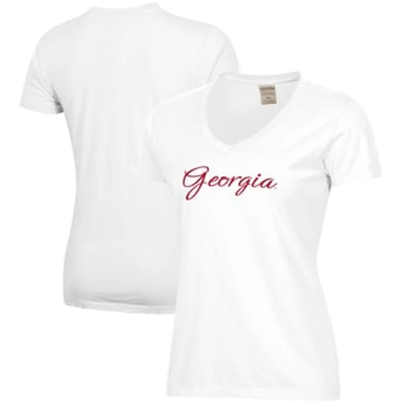 Women's  White Georgia Bulldogs Script Logo Comfort Wash V-Neck T-Shirt