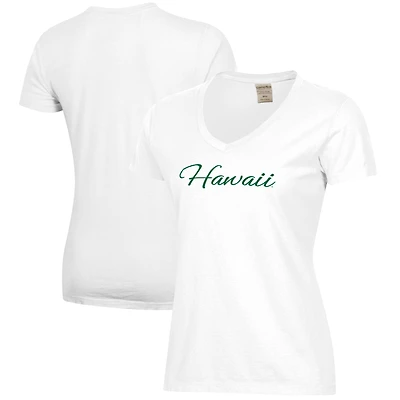 Women's White Hawaii Rainbow Warriors Script Logo Comfort Wash V-Neck T-Shirt