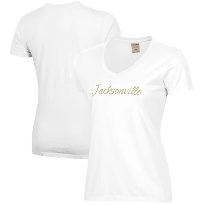 Women's White JU Dolphins Script Logo Comfort Wash V-Neck T-Shirt