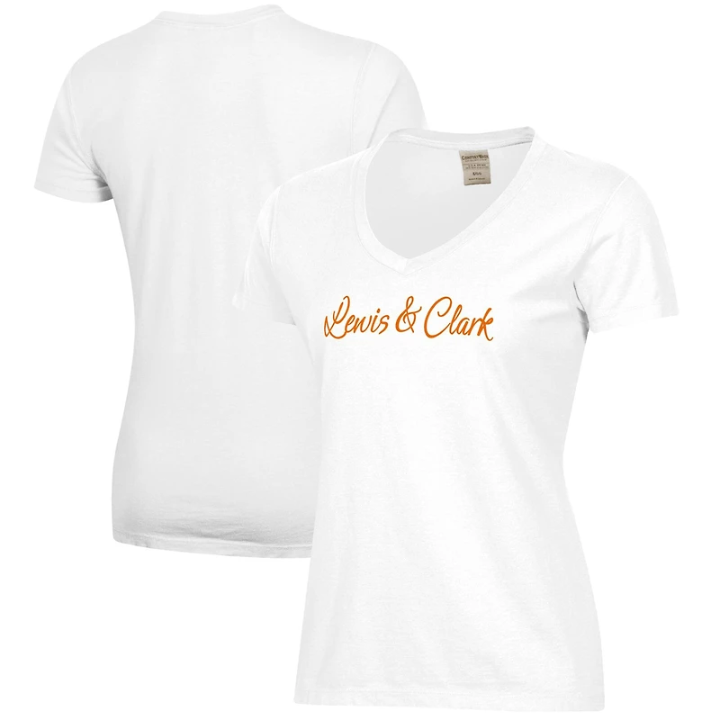 Women's White Lewis & Clark College Pioneers Script Logo Comfort Wash V-Neck T-Shirt