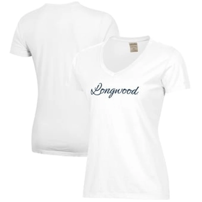 Women's  White Longwood Lancers Script Logo Comfort Wash V-Neck T-Shirt