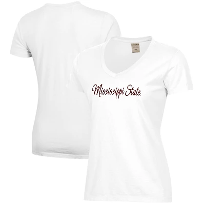 Women's White Mississippi State Bulldogs Script Logo Comfort Wash V-Neck T-Shirt