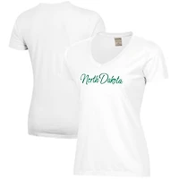 Women's  White North Dakota Script Logo Comfort Wash V-Neck T-Shirt