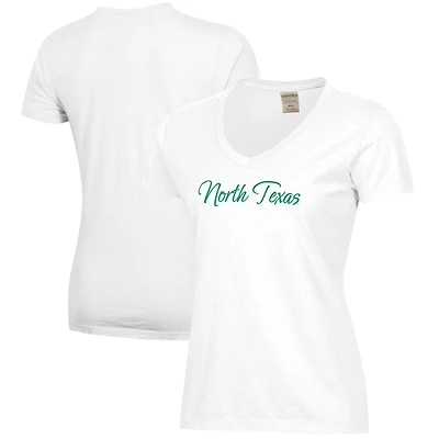 Women's White North Texas Mean Green Script Logo Comfort Wash V-Neck T-Shirt