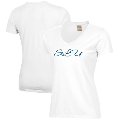 Women's  White Saint Louis Billikens Script Logo Comfort Wash V-Neck T-Shirt