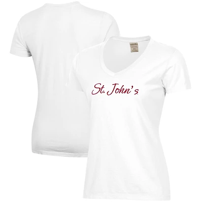 Women's White St. John's Red Storm Script Logo Comfort Wash V-Neck T-Shirt