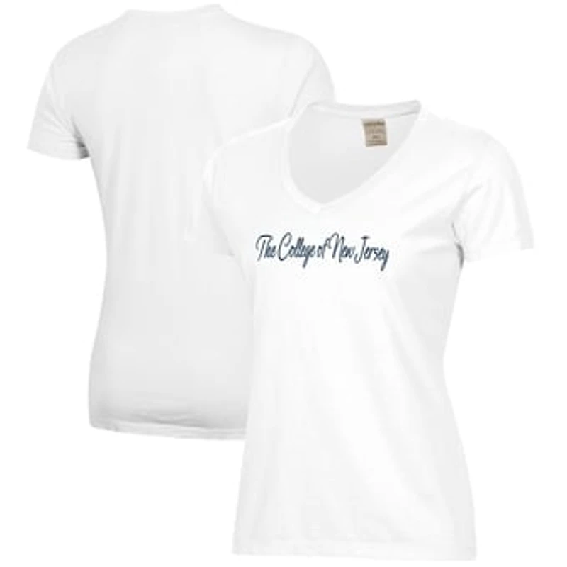 Women's White College of New Jersey Lions Script Logo Comfort Wash V-Neck T-Shirt