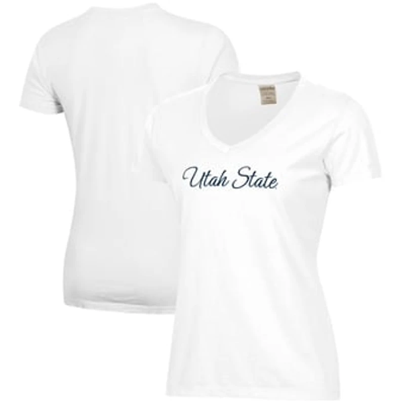 Women's  White Utah State Aggies Script Logo Comfort Wash V-Neck T-Shirt