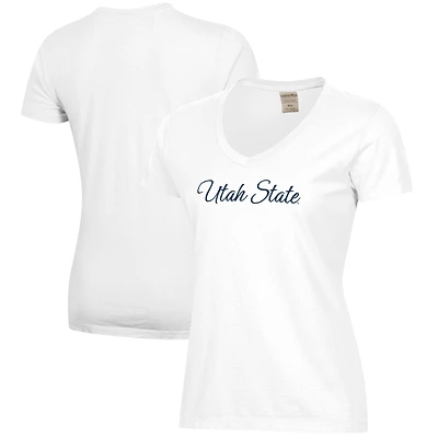 Women's White Utah State Aggies Script Logo Comfort Wash V-Neck T-Shirt